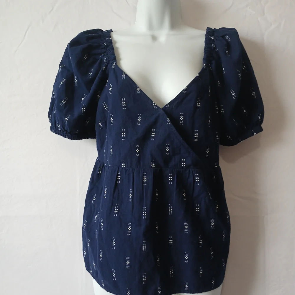 Madewell Blue Top Puff Sleeve Babydoll Neck NWT‎ Sz XS Summer Beach Travel Work